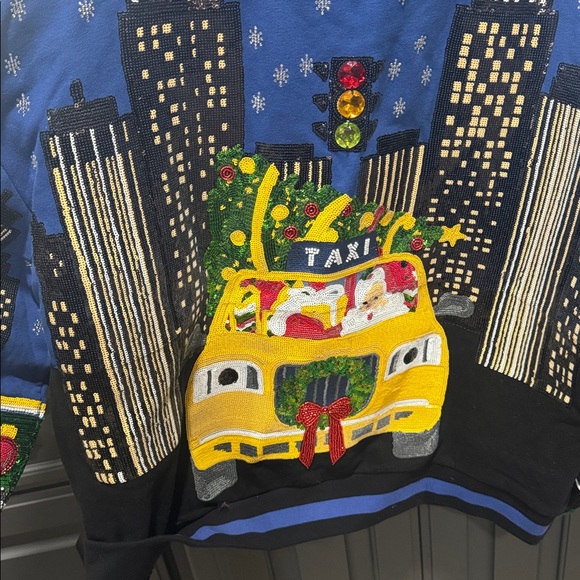 QUEEN OF SPARKLES Festive Taxi Sweater - Blue, Black, Yellow - Picture 3 of 5